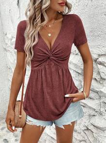 SHEIN Clasi Women Front Twist Ruched V-Neck Short Sleeve T-Shirt - Maroon - View 3