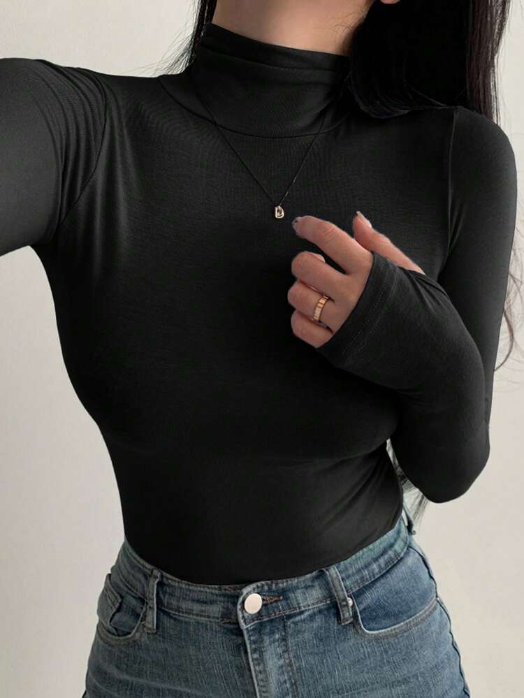 Women High Neck Long Sleeve T-Shirt, Black, Spring/Summer/Autumn,Fall Women Clothes