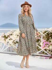 SHEIN LUNE Vestido casual de manga larga con estampado floral de margaritas talla grande, vestido midi para fiestas y vacaciones