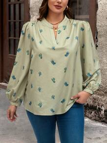 EMERY ROSE Plus Size Winter Women Floral Print V-Neck Elegant Long Sleeve Commuter Blouse - Green - View 7