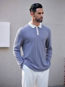 Manfinity Homme Men's Casual Minimalist Colorblock Button Half Placket Ribbed Polo Shirt, Autumn, Button Up Long Sleeve Office Polo Shirt - Grey - View 6