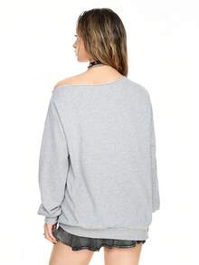 ROMWE Grunge Punk Oblique Shoulder Leopard Print & Star Graphic Loose Fit Cotton Blend Sweatshirt For Women - Grey - View 4