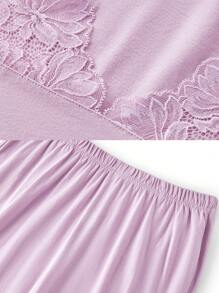 LUVLETTE 柔软紫色棉质 V 领蕾丝优雅饰边上衣和长裤家居服女士睡衣套装女士休闲套装内衣 - 淡紫色 - 查看 10