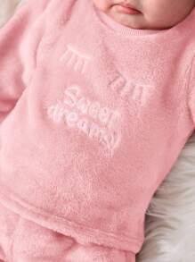 SHEIN 新生女婴蓬松字母印花长袖上衣和松紧腰裤套装，秋冬 - 淺粉色 - 查看 8