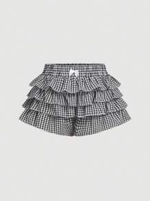 SHEIN MOD 大码休闲低腰格子紧身荷叶边女式超短裤返校服装女式蓝白平角短裤简约日常 - 黑與白 - 查看 1