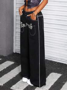 SHEIN ICON Jeans anchos de pierna ancha casuales con estampado de letras en el bolsillo, estilo Y2K streetwear para mujer