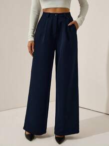 EURMUSE Women's Solid Color High Waist Front Pleated Suit Pant - Navy Blue - View 4