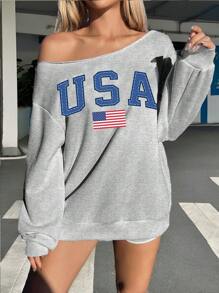 Muchica Áo nỉ dài tay rộng rãi hở vai in hình cờ Hoa Kỳ hiệu ứng denim dành cho nữ - Màu Xám nhạt - Xem 3