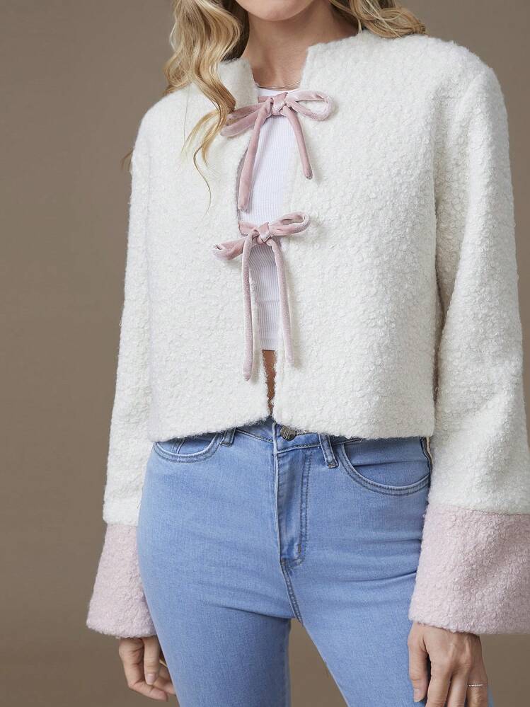 WESTFADE Chaqueta de manga larga con bloque de color de dos tonos, moño y forro de Sherpa estilo occidental - Blanco - Añade 4