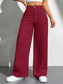 SHEIN PETITE 女士纯色纽扣优雅直腿办公裤 - 酒紅色 - 查看 4