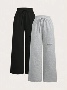 SHEIN EZwear Pantalones deportivos sueltos casuales de cintura con cordón y pierna ancha de unicolor para mujeres