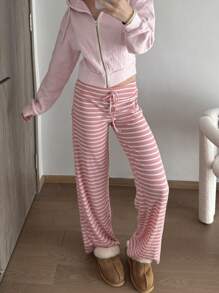 CovetEZ Low-Waist Striped Brushed Long Pants With Drawstring Waist, Yoga & Loungewear, Suitable For Spring & Autumn