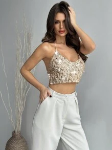 Firerie 优雅性感派对金色和杏色可调节细肩带露背亮片串珠短款上衣，狂欢节 - 金色 - 查看 4