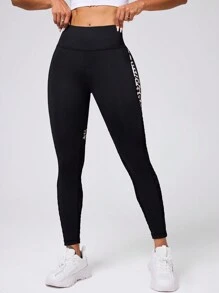 Easithlete 女士豹纹与几何网眼撞色休闲健身运动长裤 - 黑色 - 查看 3