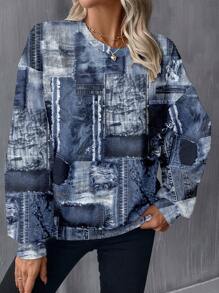 EMERY ROSE 大码女式休闲拼布图案圆领宽松长袖套头运动衫，秋冬