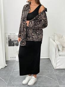 SHEIN Essnce Plus Size Women's Spring Summer And Autumn Fashionable Casual Elegant And Comfortable Black Lace Printed Long-Sleeved Shirt And Black Vest Dress Two-Piece Set,Curve Set,Airport Outfits,Dress Set,Conservative Set,Teacher Clothes, Women Clothes - Black - View 1