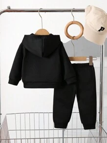 SHEIN 女婴加厚连帽休闲彩虹印花运动衫套装，秋冬 - 黑色 - 查看 2