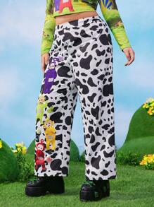 Teletubbies X SHEIN Plus Size Spring/Summer Y2K Coquette Kawaii Warm Retro Cow Print Tinky Winky Dipsy Laa-Laa Po Graphic Pants