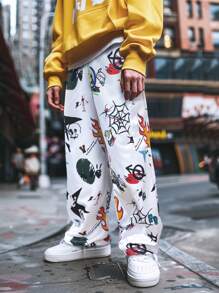 Manfinity EMRG 男士休闲直筒裤，彩色手绘火焰印花，男士年轻街头潮流 INS，秋季男装，Y2K，说唱歌手超大裤 - 白色 - 查看 2