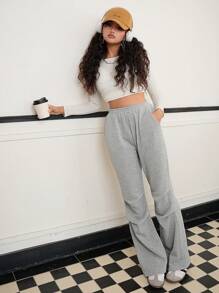 SHEIN Teen Girls' Casual Fashionable American Chic Gray Flare Pleat Sweatpants - Light Grey - View 6