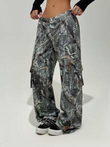 SHEIN Unity Quần Cargo cạp thấp in hình lá mùa đông cho nữ - màu xanh lá - Xem 3