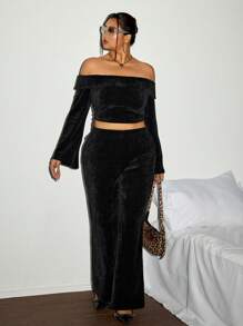 SHEIN ICON Conjunto de Top de manga larga con hombros descubiertos y pantalones lisos de talla grande - Negro - Ver 6