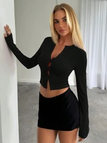 Aloruh Blusa corta de manga larga y unicolor con detalle de moño y abertura, de moda para el otoño