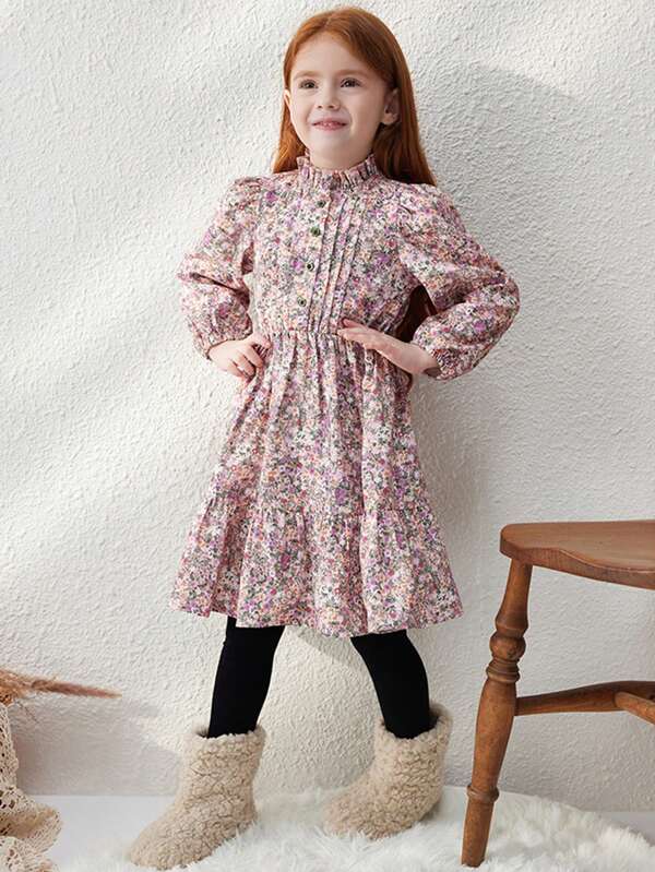 Blossori Young Girls Elegant French Style Loose Fit Red Floral Print Ruffle Collar Dress, Autumn/Winter