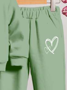 SHEIN Leap Crew 2 件年轻女孩复古花卉女孩印花休闲宽松圆领厚运动衫套装，适合秋冬季，柔和花卉自然运动衫，花园爱好者礼物 - 薄荷綠 - 查看 4