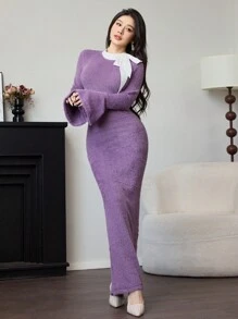 Modelyn Autumn/Winter Furry Flared Sleeve Bow Splice Bodycon Extra Long Elegant Dress Maxi Women Outfit Fall Cloth For Women - Purple - View 7