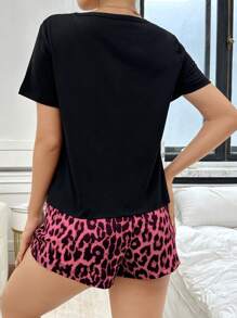 豹纹圆领短袖短裤睡衣套装 - 黑色 - 查看 2