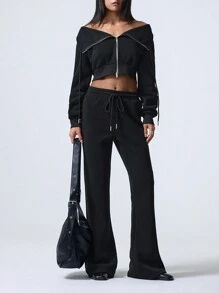 LYSMO 2 件套女式休闲拉链上衣和喇叭裤套装，秋季