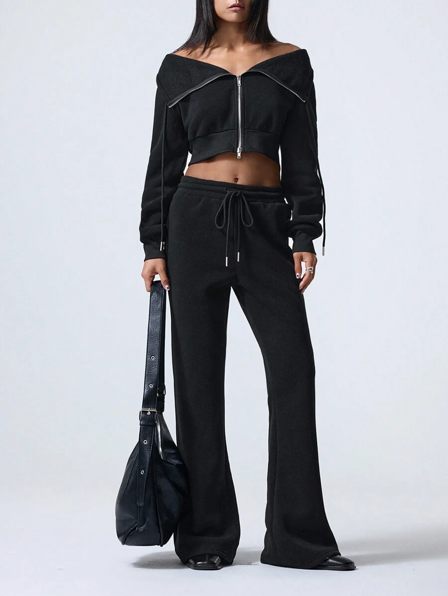 LYSMO 2 件套女式休闲拉链上衣和喇叭裤套装，秋季