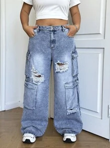 SHEIN EZwear بنطلون جينز أزرق واسع مستقيم الساق مقاسات كبيرة ، كاجوال