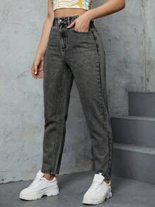 SHEIN Privé 休闲洗水高腰插袋锥形牛仔裤 - 深灰色 - 查看 5