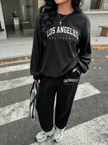 SHEIN EZwear Set de 2 piezas chándal con pantalones en talla grande con estampado de letras