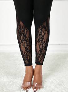 SHEIN Lady Elegant Solid Lace Patchwork High Waist Women's Leggings - Black - View 8