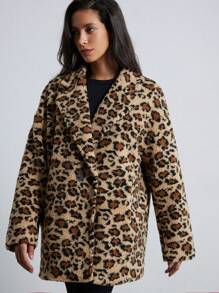 Aveloria Modichic Teddy Sherpa Collar Double-Breasted Pocket Jacket, Loose Fit Cheetah Print  Fall Cloth For Women - Camel - View 6
