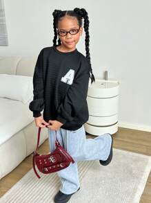 SHEIN Sudadera de manga larga informal con parche de letra texturizada para niñas preadolescentes