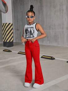 SHEIN SLAYR KIDS Tween Girls Y2K Fashion Retro Style Grey Flap Detail Seam Detail Denim Flare Leg Jeans Pants, Girls Fall Clothes Back To School Outfits