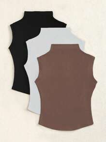 Flirla Casual Versatile Solid Color Crew Neck Tank Top - Multicolor - View 2