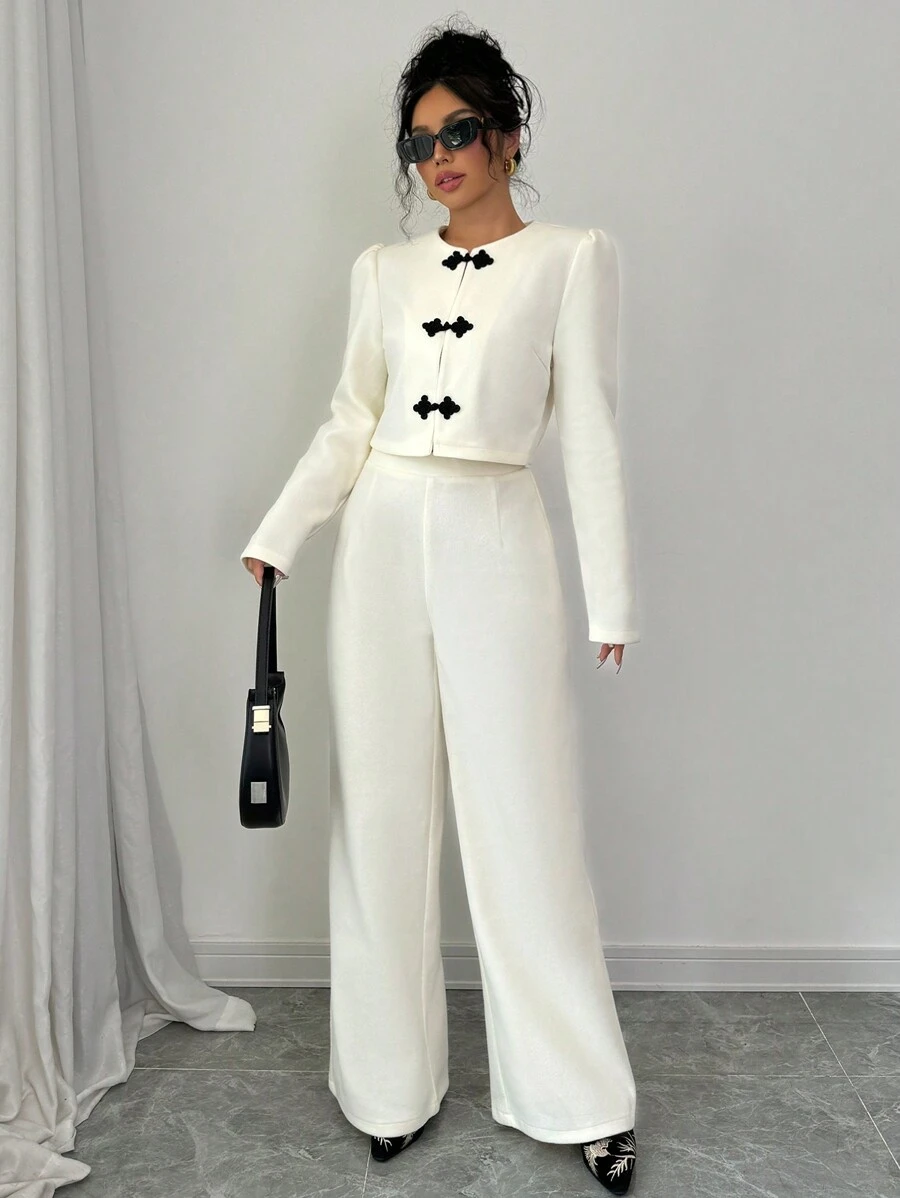 Chiquease 优雅纯色纽扣泡泡袖短款夹克，秋季