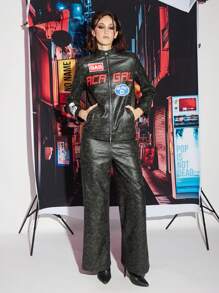 NO NAME Designer Women's Dark Printed PU Jacket, Streetwear Outerwear, For Holiday, Vacation, Spring, Festival, Ibiza Fits - Black - View 7