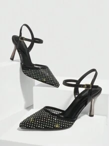 CUCCOO SZL 女士尖头水钻装饰金属细高跟鞋，性感黑色网眼露背夜店派对鞋 - 黑色 - 查看 3