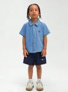 SHEIN 男孩夏季休閒恐龍刺繡短袖牛仔上衣和短褲2件套裝 - 彩色 - 查看 3