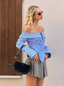 SHEIN EZwear 女士时尚条纹印花露肩前系带褶饰修身衬衫，春/夏/秋