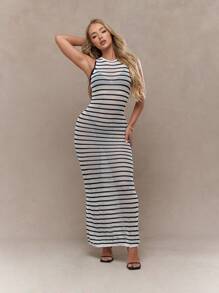 MISSGUIDED Crochet Knit Stripes Sleeveless Maxi Dress Winter Wear - Black and White - View 1