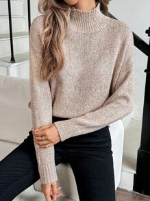 SHEIN PETITE 女士休闲高领长袖简约毛衣，日常穿着 - 卡其色 - 查看 4