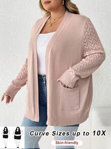 SHEIN CURVE+ Plus Solid Dual Pocket Cardigan For Spring & Autumn