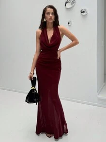 Aloruh 女士勃艮第红色优雅性感派对礼服，金属线垂领低胸修身美人鱼下摆礼服，适合新年 - 酒紅色 - 查看 3